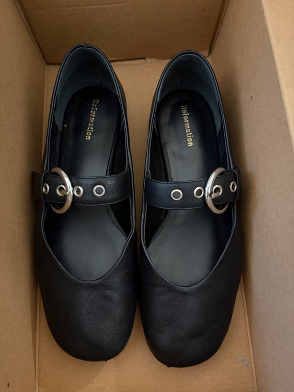 Reformation Black Bethany Ballet Flats with Round Silver Buckle